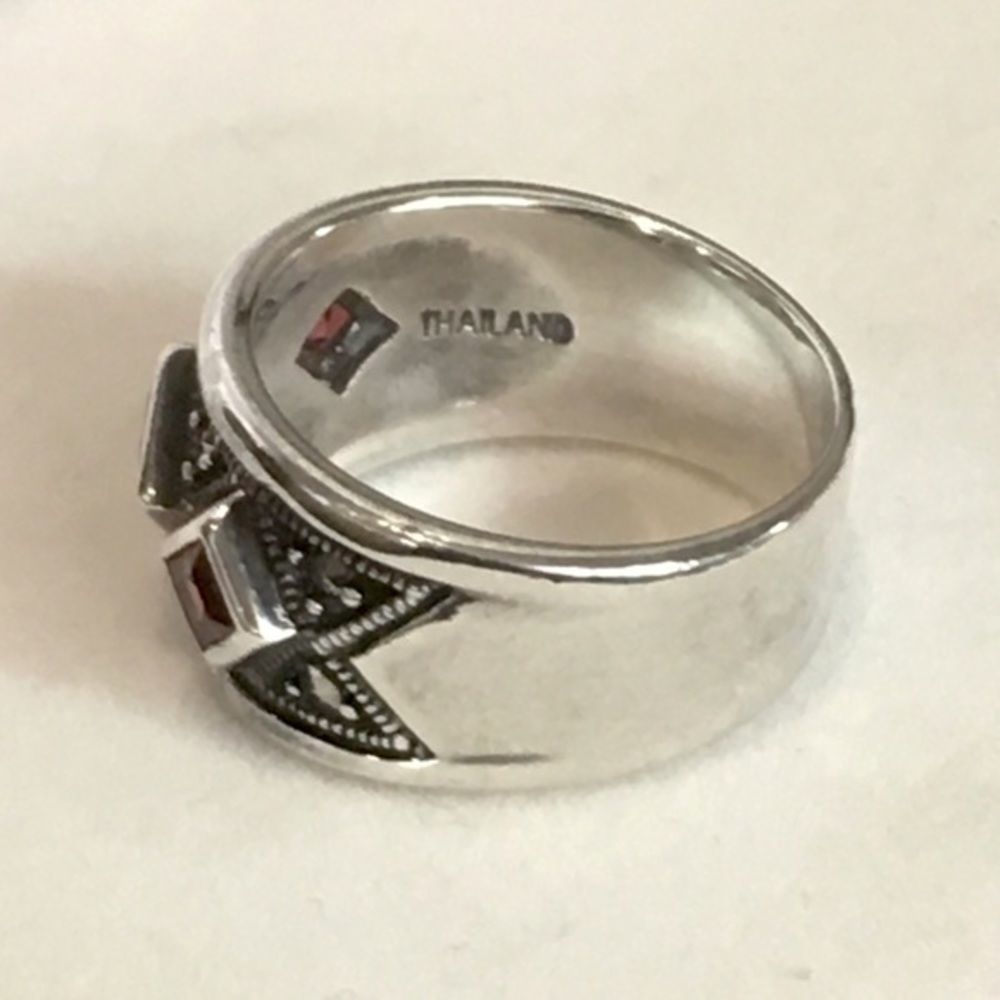 Art Deco Wide Band Faceted Red Garnet Marcasite Sterling Silver Ring Sz 7-3/4 - Picture 3 of 7